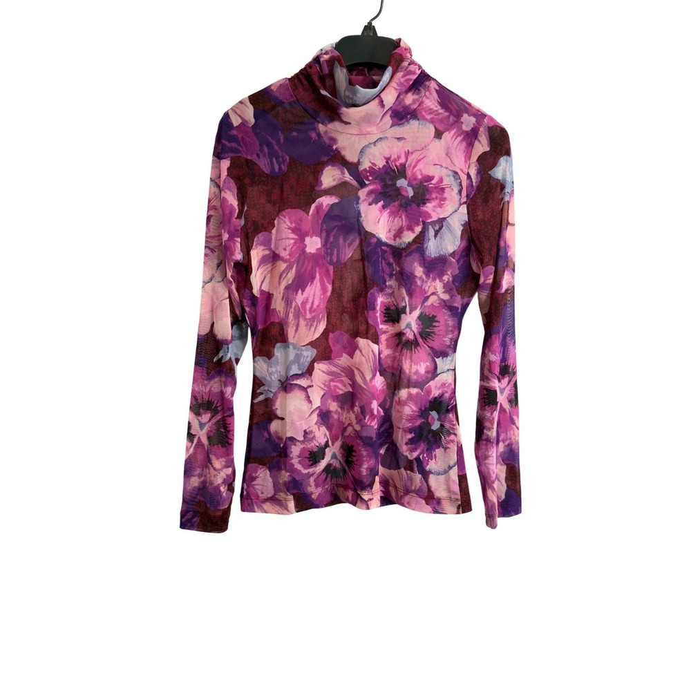 White House Black Market WHBM Purple Floral Mesh Turtleneck Top S Pansy Print